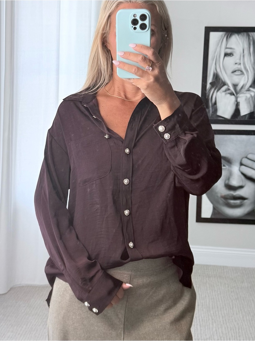 Express Boyfriend Satin Dark Plum Button-Down Shirt with Pearl Buttons
